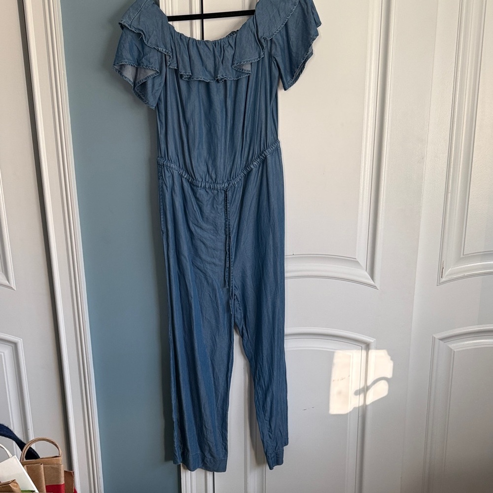 LOFT Dusty Blue Off-Shoulder Jumpsuit with Ruffle